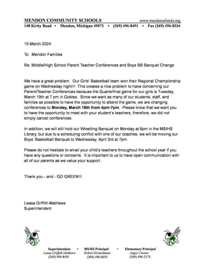 Middle/High School Conferences Rescheduled Mendon Community Schools