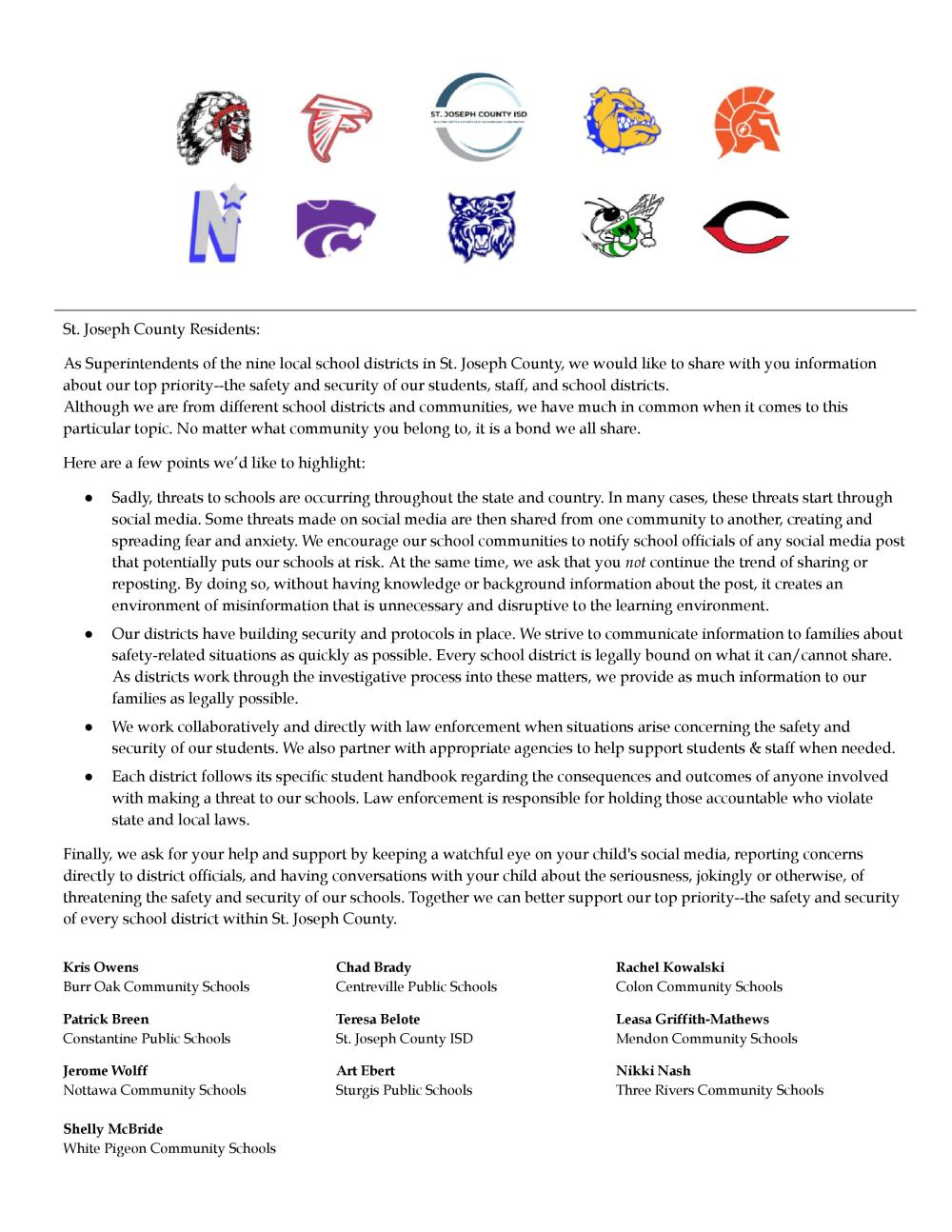 Letter from St. Joseph County superintendents regarding school security and social media threats. Please use the link below to view the accessible version in PDF form.