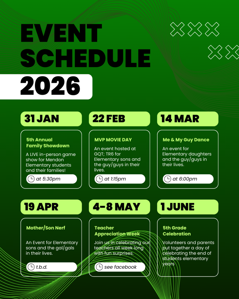 PTO Event Schedule January 31 - Family Showdown at 5:30 p.m. February 22 - Father/Son Bowling - Time TBD March 14 - Me & My Guy Dance - Time TBD April 19 - Mother/Son Nerf - Time TBD May 4-8 Teacher Appreciation Week - see Facebook for details June 1 - 5th Grade Celebration